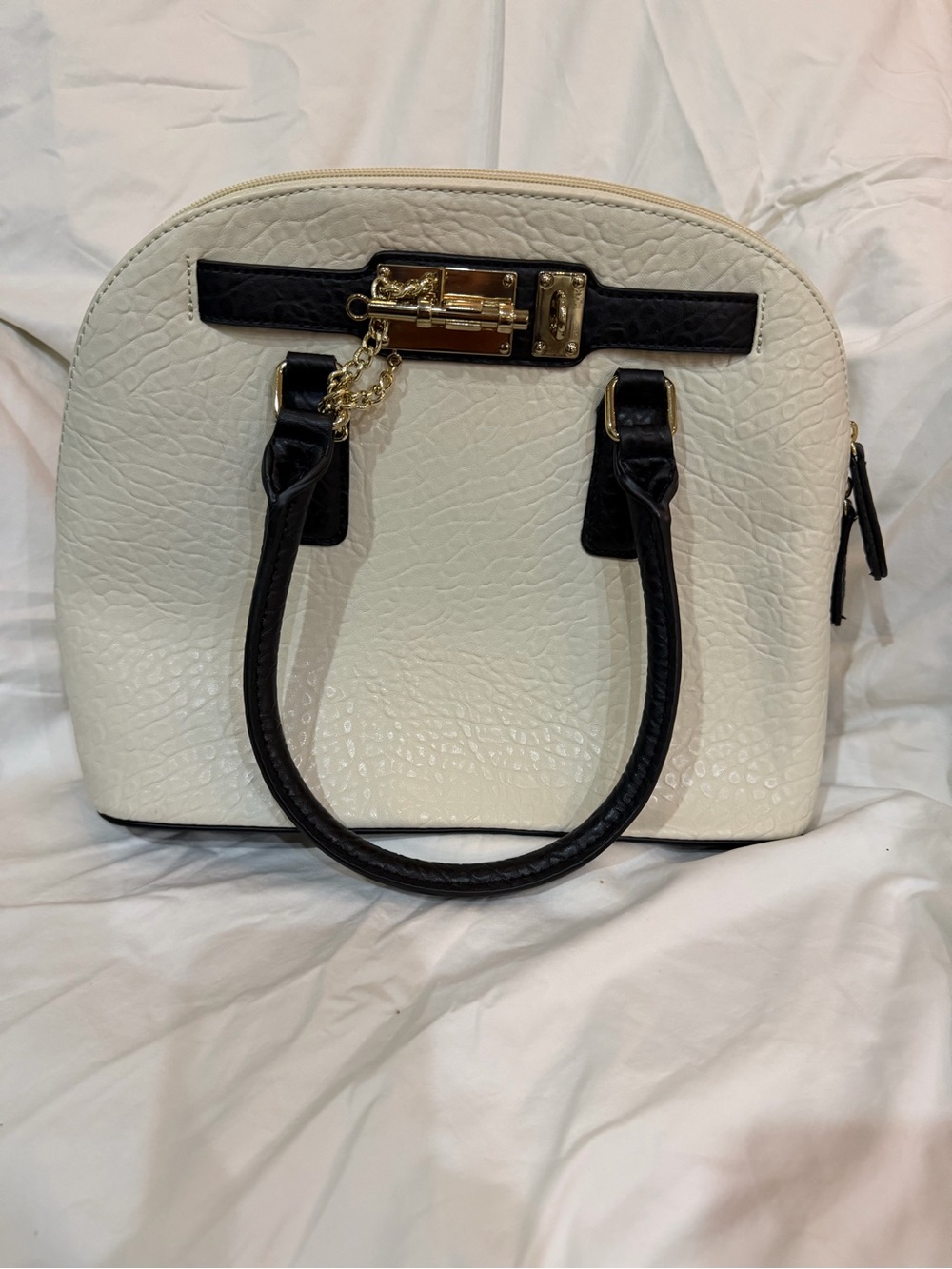 Apt. 9 Two-Tone Dome Satchel - Cream and Black with Gold Accent